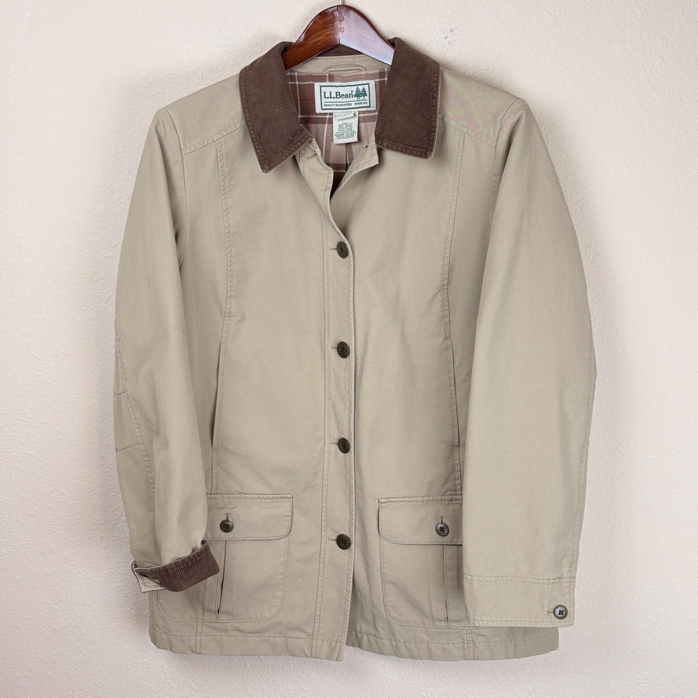 LL Bean Mens Large Field Coat Tan Corduroy Collar Plaid Lining Barn Jacket
